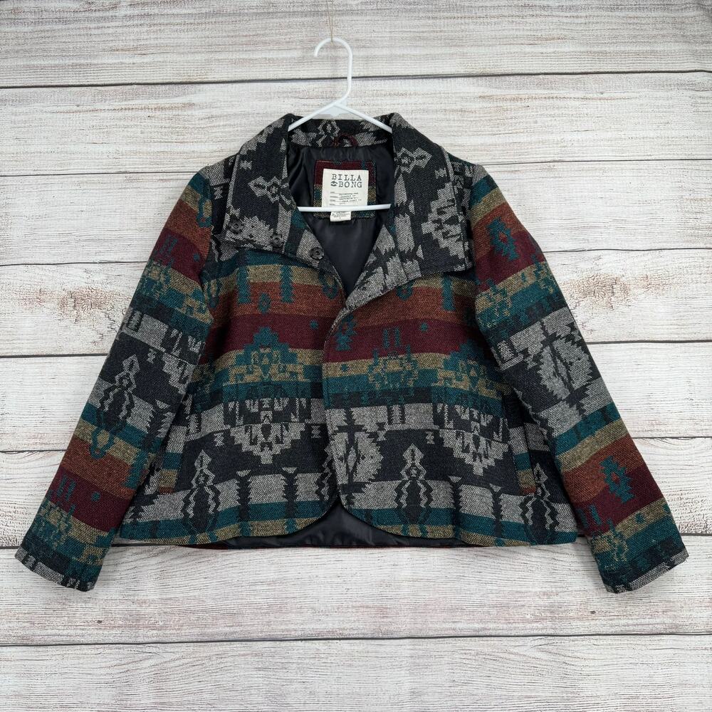 Billabong Southwest Print Knit Open Front Jacket‎ Womens Small Black Green Red